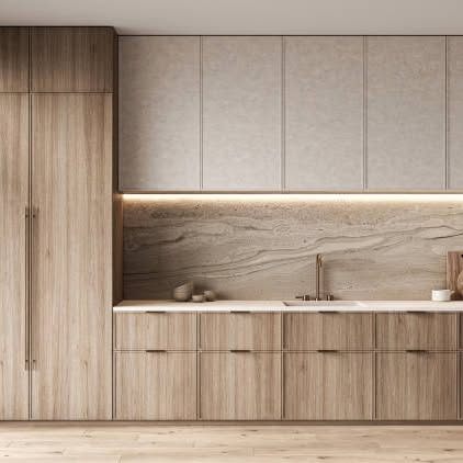 Modern flat-panel light oak kitchen with LED under-cabinet lighting and a full-height pantry